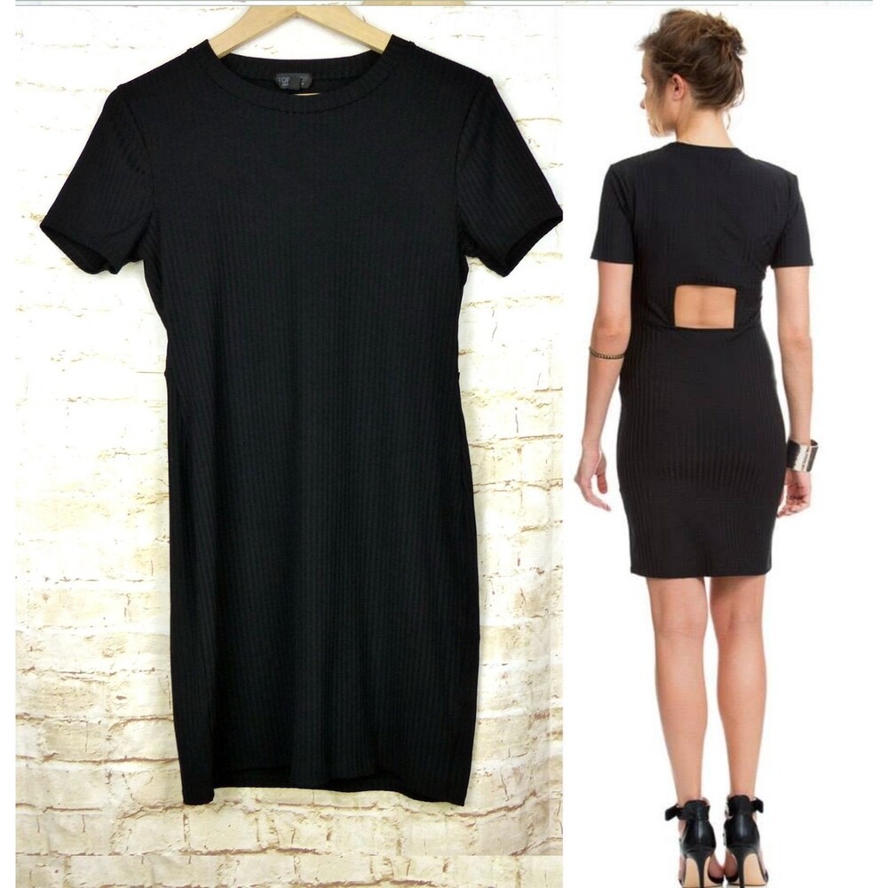 Topshop Ribbed Bodycon T-Shirt Dress Women US 10 Black Back Cutout Stretch Short